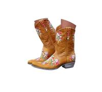 Botas vaqueras para mujer, botines vaqueros occidentales con puntera puntiaguda, tacón bajo y grueso, bordado vintage, tacones medios, botas vaqueras occidentales de pantorrilla ancha y punta