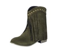 Botas vaqueras para mujer con flecos, botines de tacón bajo para mujer, botines occidentales con punta de almendra, botines antideslizantes con decoración de remaches, zapatos de tacón de bloque