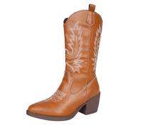 Botas vaqueras para mujer, de piel negra, botines para mujer, con tacón, elegantes botas de cuero, botas de equitación con forro, botas anchas, botas de invierno puntiagudas, color beige, 3 marrón
