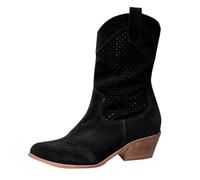Botas vaqueras perforadas occidentales de longitud media para mujer, ante beige, tacón de bloque, puntera puntiaguda gruesa, talla grande, no por encima de la rodilla, personalidad, botas de agua para
