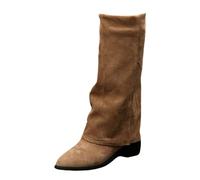Botas vaqueras plegables a media pantorrilla para mujer, botines de tacón grueso para mujer, botines vintage retro occidentales, zapatos superiores sintéticos duraderos para trajes de invitados de