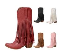 Botas Vaquero Flecos Mujer, Santiags Mujer Mediados Altos, Botín Country Western Botines Tacón Cuadrado Bota Gran Mollet Boot Gran Tamaño Zapato Color Sólido Bota De Mollets Anchas Bota 35-48, blanco