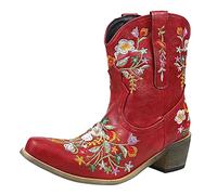 Botas western para mujer - Botines de vaquero para mujer, con tacón - Elegantes - Retro - Bordado - Corto - Casual - Zapatos de fiesta inteligentes - Antideslizantes - Cómodas, rojo, 42 EU