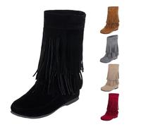 BOTCAM Botas occidentales para mujer con borlas, botas de vaquero renacentista, botas de piel sintética, botines retro, botas de media altura, botas de verano para mujer, botas de entretiempo, Negro