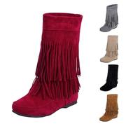 BOTCAM Botas occidentales para mujer con borlas, botas de vaquero renacentista, botas de piel sintética, botines retro, botas de media altura, botas de verano para mujer, botas de entretiempo, rojo