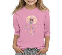 BOTCAM Camiseta de manga 3/4 para niña, cuello redondo, informal, atlética, manga estampada, blusa de 314 años, blusa para mujer, Rosa., 8-9 años