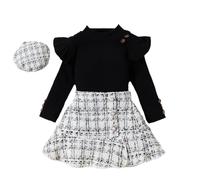 BOTCAM Europa y los Estados Unidos Ropa para Niños Niñas e Invierno Manga Larga Top Fragancia Pequeña Falda tejida + Boina Juego de 3 Camisetas, Negro , 4-5 años