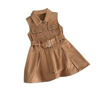BOTCAM Girls Fashion Sleeveless Jeans New Corean Version of Children's Lapel Waistcoat Dress Baby Knielang Niñas, café, 8-9 años