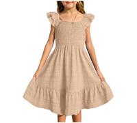 BOTCAM Niñas Casual Elegante O Cuello Vestido Diario Color Sólido Vestido De Tanque Lado Traje De Baño Con Niñas, caqui, 5-6 años