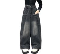 BOTCAM Niñas Cintura Elástica Pierna Ancha Pantalones Vaqueros Holgados Rectos Descoloridos Pantalones Vaqueros Sueltos Pantalones Niñas Leggings, Negro , 5-6 años