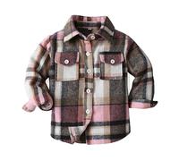 BOTCAM Niñas Medio Plaid Cepillado De Un solo pecho Chaqueta De Manga Larga Chaqueta Top Camisa, Rosa intenso., 3-4 años