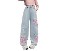 BOTCAM Vaqueros para niña con pierna ancha, primavera y modelos para vaqueros retro medianos y grandes de pierna ancha y pantalones rectos Trendy Loose Casual Pantalones Cortos Niñas 128, azul celeste