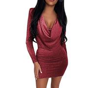 BOTCAM Vestido de cóctel para mujer, elegante, para boda, corto, sexy, ajustado, elástico, vestido de fiesta brillante, monocolor, cuello en V, manga larga, ajustado, vestido de túnica
