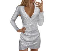 BOTCAM Vestido de fiesta para mujer, sexy, brillante, vestido de noche: para boda, mujer, monocolor, cuello en V, manga larga, ajustado, corto, ajustado, vestido de cóctel para niñas, princesa,
