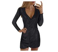 BOTCAM Vestido de fiesta para mujer sexy con purpurina: para boda, mujer de un solo color, cuello en V, manga larga, ajuste delgado, minivestido sexy corto ajustado, vestido de cóctel para niñas