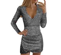 BOTCAM Vestido de fiesta para mujer sexy con purpurina, vestidos de noche: para boda, mujer, monocolor, cuello en V, manga larga, corte ajustado, minivestido, sexy, corto, apretado, vestido de cóctel