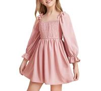 BOTCAM Vestido de niña con cuello cuadrado y mangas, fruncido, vestido de swing grande, cintura alta, encaje, vestido corto de falda de niña a cuadros, Rosa., 7-8 años