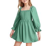 BOTCAM Vestido de niña con cuello cuadrado y mangas, fruncido, vestido de swing grande, cintura alta, encaje, vestido corto de falda de niña a cuadros, verde, 11-12 años