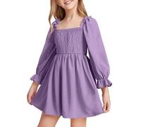 BOTCAM Vestido de niña con cuello cuadrado y mangas, fruncido, vestido de swing grande, cintura alta, encaje, vestido corto de falda de niña a cuadros, morado, 11-12 años