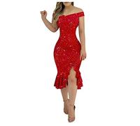 BOTCAM Vestido de noche largo y elegante para boda, color liso, hombros descubiertos, con volantes, abertura lateral, vestido de fiesta, vestido de fiesta para mujer, sexy, brillante, hasta la