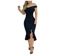 BOTCAM Vestido de noche largo y elegante para boda, mujer, monocolor, sin hombros, con abertura lateral, maxi vestido de fiesta para mujer, sexy, brillante, hasta la rodilla, vestido de novia de