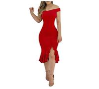 BOTCAM Vestido de noche largo y elegante para boda, mujer, monocolor, sin hombros, con abertura lateral, maxi vestido de fiesta para mujer, sexy, brillante, hasta la rodilla, vestido de novia de