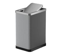 Bote de basura de acero inoxidable de lujo con capa exterior de piel sintética, cubo de basura delgado de 10/15 litros con tapa oscilante de 360° para baño, dormitorio, oficina (gris, 10 L)