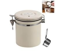 Bote de café de acero inoxidable con rastreador de fecha y válvula de frescura, recipiente hermético de almacenamiento de cocina para granos de café, té, especias, incluye cuchara adicional (blanco