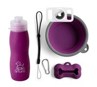 Botella 400ml. El tamaño Bolsillo. Agua Pipi Perros de Silicona Apta para Bebida. Recupera Forma. Tapón antigoteo y Accesorios | Plato, Portabolsas, Funda Airtag, Mosquetón Salida Chorro. Purpura