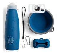 Botella 600ml. El tamaño Ideal. Agua Pipi Perros de Silicona Apta para Bebida. Recupera Forma. Tapón antigoteo y Accesorios | Plato, Portabolsas, Funda Airtag, Mosquetón Salida Chorro. Marino
