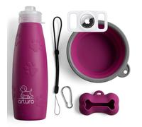Botella 600ml. El tamaño Ideal. Agua Pipi Perros de Silicona Apta para Bebida. Recupera Forma. Tapón antigoteo y Accesorios | Plato, Portabolsas, Funda Airtag, Mosquetón Salida Chorro. Purpura