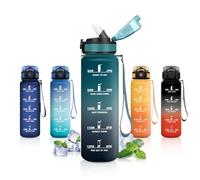 Botella Agua 1 Litro, Botella Agua con Pajita, Cantimplora Deporte con Marca de Tiempo, a Prueba de Fugas, Reutilizable, Antiderrame, Fácil de Limpiar, Cantimplora para la Escuela, Gym, Deportes