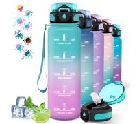 Botella Agua 1 Litro, Botella Agua Deporte con Pajita, a Prueba de Fugas, Reutilizable con Marca de Tiempo, Cantimplora para Senderismo, Correr, Ciclismo, Acampar, Verde Rosa