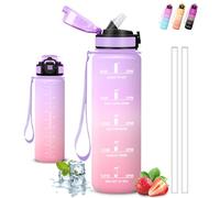Botella Agua- 1 litro- Botella Agua Gimnasio, A Prueba de Fugas, Cantimplora con Pajita, Fácil de Limpiar, Water Bottle con Escala de Tiempo, para la Escuela, Fitness, Correr, Acampada, Deportes