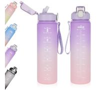 Botella Agua 1 Litro, Botella Deportiva Motivadora con Marcador Tiempo, Botella Gym con Pajita Hombre Mujer, Cantimplora Plástico Prueba de Fugas, Garrafa Agua Reutilizable Fitness (Púrpura)