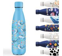 Botella Agua Acero Inoxidable 500ml, Cantimplora Acero Inoxidable, a Prueba de Fugas, Botella Agua Personalizada con Tiburón, Cantimplora Infantil para la Escuela, Oficina, Viajar, Deportes, Azul