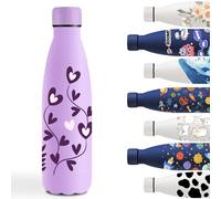 Botella Agua Acero Inoxidable 500ml, Cantimplora Acero Inoxidable, Botella Agua Personalizada con Flor, Mantiene 24H Frio/12H Calor, Cantimplora para la Escuela, Oficina, Viajar, Café, Yoga, Morado