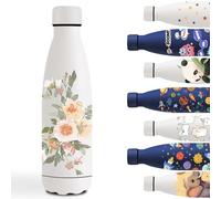 Botella Agua Acero Inoxidable 500ml, Cantimplora Acero Inoxidable, Botella Agua Personalizada con Flor, Mantiene 24H Frio/12H Calor, Cantimplora para la Escuela, Oficina, Viajar, Café, Yoga, Blanco