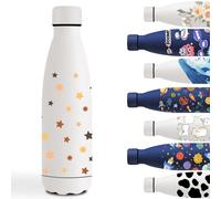 Botella Agua Acero Inoxidable 500ml, Cantimplora Acero Inoxidable, Fácil de Transportar, Botella Agua Personalizada, a Prueba de Fugas, Cantimplora Infantil para la Escuela, Viajar, Blanco- Estrella