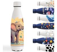 Botella Agua Acero Inoxidable 500ml, Cantimplora Acero Inoxidable, Fácil de Transportar, Botella Agua Personalizada, a Prueba de Fugas, Cantimplora Infantil para la Escuela, Viajar, Blanco- Elefante