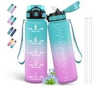 Botella Agua, Botella Agua 1 Litro, Botella Agua Deporte con Pajita, A Prueba de Fugas, Botella Reutilizable con Marca de Tiempo, Cantimplora para Senderismo, Acampar, Correr, Ciclismo, Verde-Rosa