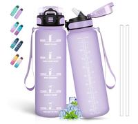 Botella Agua, Botella Agua 1 Litro, Botella con Pajita, A Prueba de Fugas, Botella Reutilizable con Marca de Tiempo, Cantimplora para Gimnasio, Senderismo, Acampar, Correr, Ciclismo, Yoga, Violeta