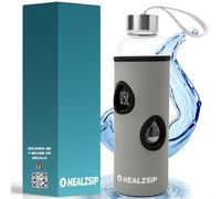 Botella Agua Cristal 0,5 Litro + Funda Neopreno + Guía + Calculadora | Botella Vidrio Borosilicato con Medición | Reutilizable y Apta para Lavaplatos | Glass Water Bottle | Ideal para Casa y Oficina