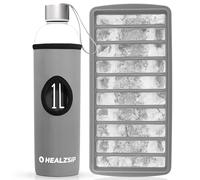 Botella Agua Cristal 1 Litro con Funda y Cubitera + Guía + Calculadora - Botella Vidrio Borosilicato con Medición - Reutilizable y Apta para Lavaplatos - Glass Water Bottle - Ideal para Casa y Oficina