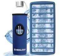 Botella Agua Cristal 1 Litro con Funda y Cubitera + Guía + Calculadora - Botella Vidrio Borosilicato con Medición - Reutilizable y Apta para Lavaplatos - Glass Water Bottle - Ideal para Casa y Oficina