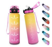 Botella Agua Deportiva 1L, Botella Agua con Pajita, Motivacional Botella con Tapa, Botella Reutilizable con Marcador de Tiempo, Cantimplora para Adulto, Gimnasio, Cámping, Gym, Bicicleta, Sport