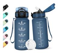 Botella Agua Niños, 500ML Con Paja, Cantimplora Infantil, Botella de Agua Motivacional con Marcador de Tiempo, A Prueba de Fugas para Escuela - Azul marino