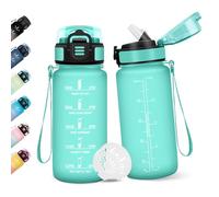 Botella Agua Niños, 500ML Con Paja, Cantimplora Infantil, Botella de Agua Motivacional con Marcador de Tiempo, A Prueba de Fugas para Escuela - Azul&verde