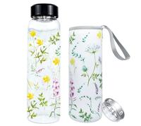 Botella Agua Vidrio 1 Litro,Boca Ancha 5,5 cm con Tapa Protectora Filtro Acero Inoxidable,Prueba de Fugas,Ideal para Deportes Oficina