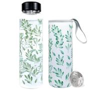 Botella Agua Vidrio 1 Litro,Boca Ancha 5,5 cm,Prueba Fugas 1000 ml con Tapa Protectora de Eucalipto Filtro Acero Inoxidable,Sin Bpa,Ideal para Deportes Oficina